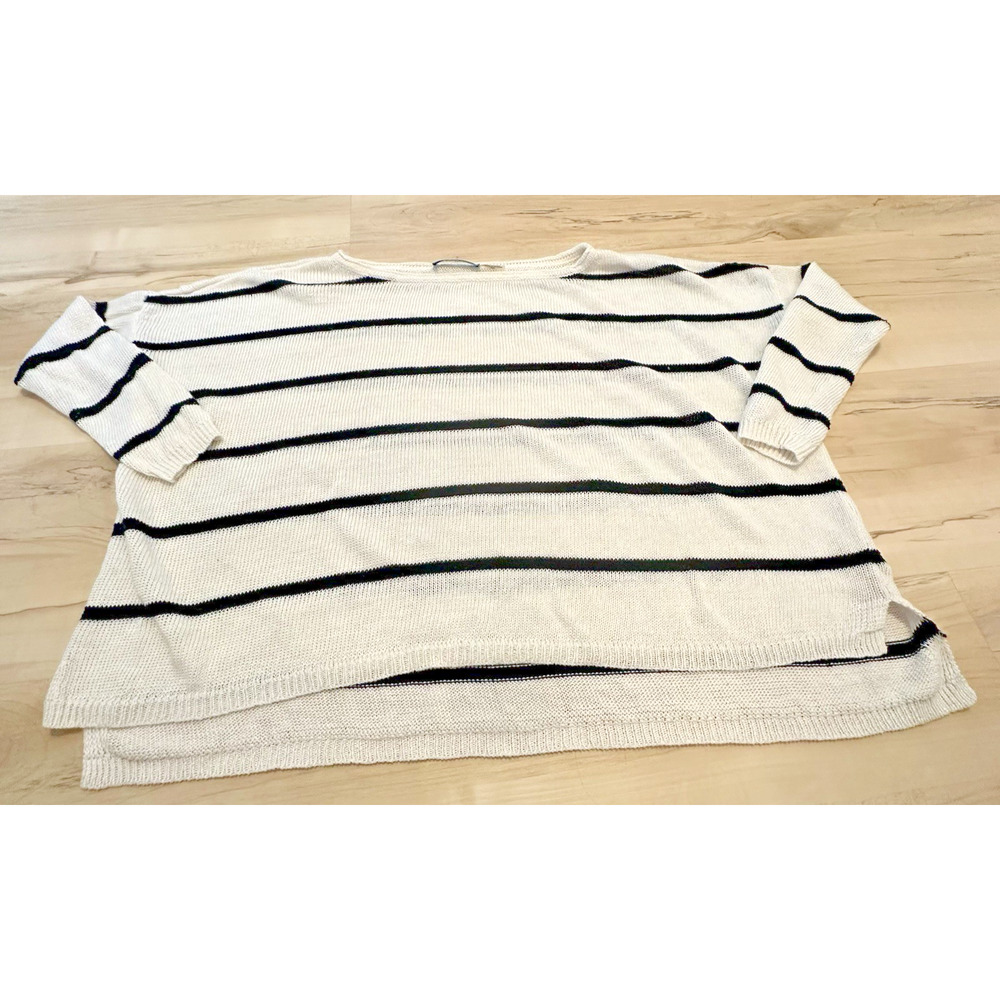 Alice + Olivia Linen Blend Striped Oversized Boat Neck Sweater White Black‎ M